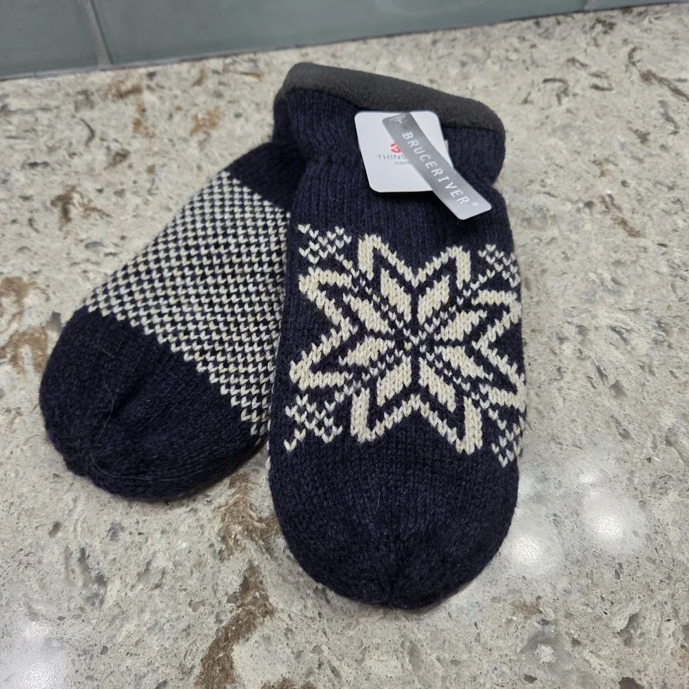 NWT Bruce River Women Navy Blue Nordic Snowflake Knit‎ Mittens 3M Thinsulate S